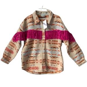 NWT Blue B Collection Southwestern Aztec Print Jacket Pink Sequin Fringe Size L